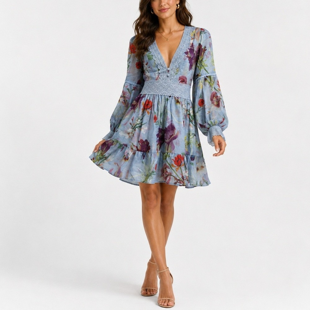 PatBO Lily Flower Plunge Mini Dress 0 Blue Floral Lace Long Sleeve Cottagecore